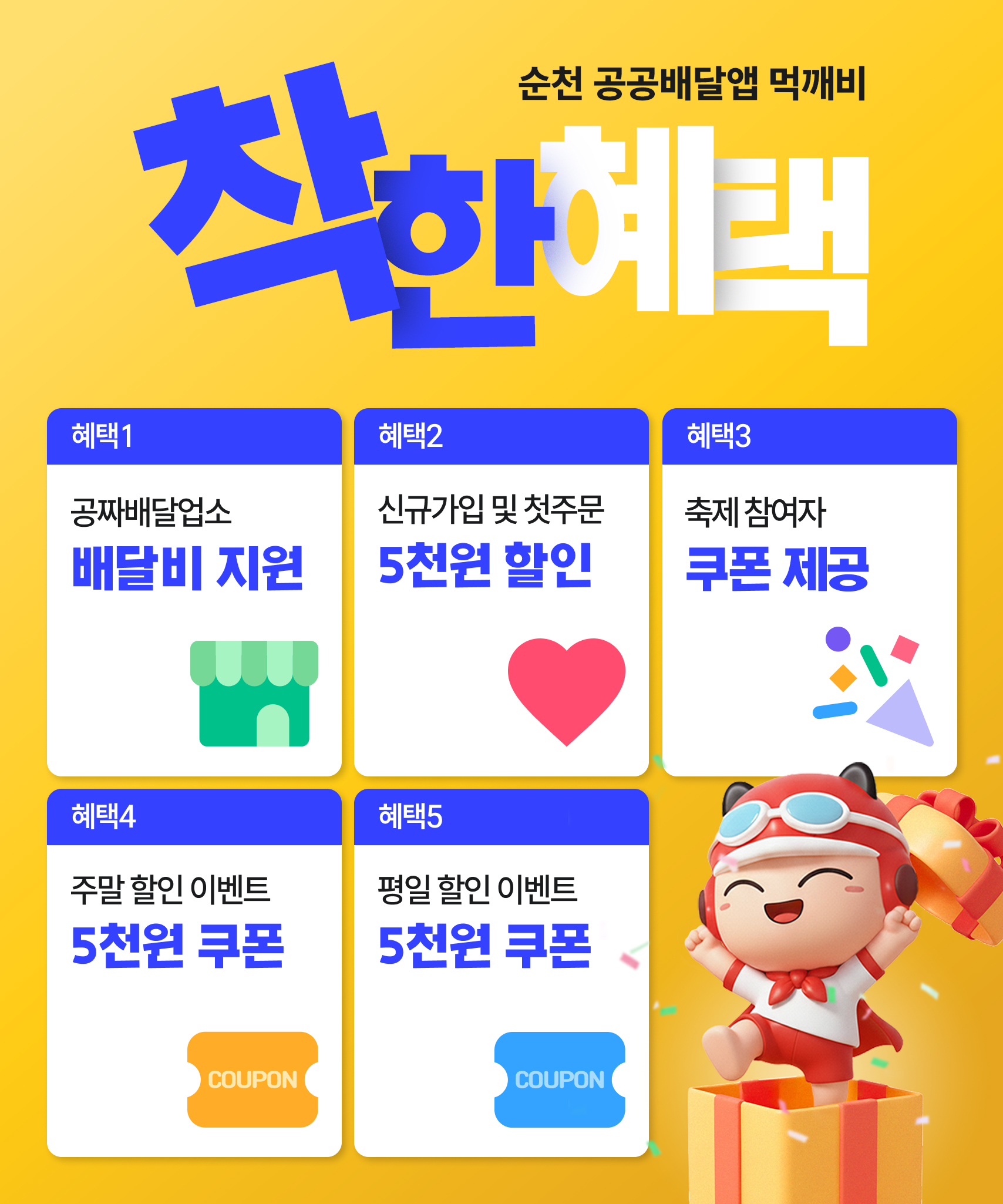 ▢ 이벤트 개요
가. 이벤트명 : 순천사랑상품권 연계 주말 할인 이벤트
나. 추진기간 : 2025. 9. 6.(토) ~ 12. 28.(일) 기간 중 주말 34일
다. 내 용 : 순천사랑상품권으로 첫 주문 15,000원 이상 결제 시 5,000원 즉시 할인 * 1일 400명(1인 1일 1회)