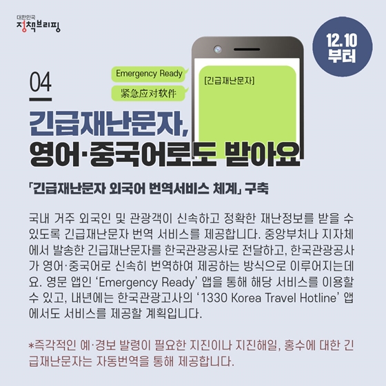 4. 긴급재난문자, 영어·중국어로도 받을 수 있어요 (12.10부터)
국내 거주 외국인 및 관광객이 신속하고 정확한 재난정보를 받을 수 있도록 긴급재난문자 번역 서비스를 제공합니다. 중앙부처나 지자체에서 발송한 긴급재난문자를 한국관광공사로 전달하고, 한국관광공사가 영어·중국어로 신속히 번역하여 제공하는 방식으로 이루어지는데요.