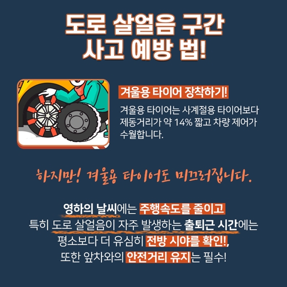 도로 살얼음 구간
사고 예방 법!
겨울용 타이어 장착하기!
겨울용 타이어는 사계절용 타이어보다
제동거리가 약 14% 짧고 차량 제어가 수월합니다.
하지만! 겨울용 차이어노 미끄러집니다.