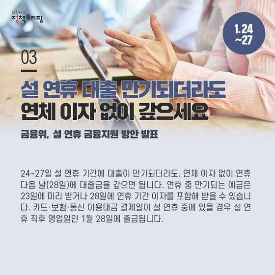 3. 설 연휴 대출 만기되더라도 연체 이자 없이 갚으세요 (1.24~27)
 24∼27일 설 연휴 기간에 대출이 만기되더라도 연체 이자 없이 연휴 다음 날(28일)에 대출금을 갚으면 됩니다.