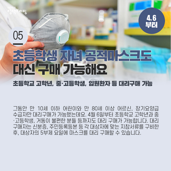 주간정책노트
5. 초등학생 자녀의 공적마스크도 대신 구매 가능해요 (4/6부터)
그동안 만 10세 이하 어린이와 만 80세 이상 어르신, 장기요양급 수급자만 대리구매가 가능했는데요. 4월 6일부터 초등학교 고학년과 중·고등학생, 거동이 불편한 분들 등까지도 대리 구매가 가능합니다.