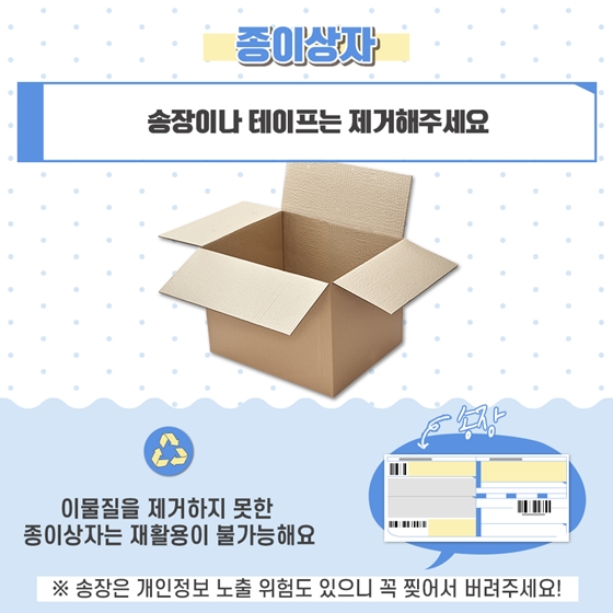 1. 종이상자
 송장이나 테이프는 제거해주세요. 이물질을 제거하지 못한 종이상자는 재활용이 불가능해요.
※ 송장은 개인정보 노출 위험도 있으니 꼭 찢어서 버려주세요!