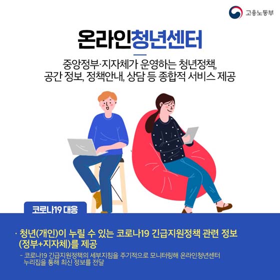 온라인청년센터
중앙정부·지자체가 운영하는 청년정책, 공간정보, 정책안내, 상담 등 종합적 서비스 제공