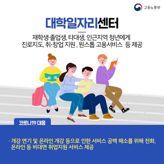 대학일자리센터
재학생·졸업생, 타대생, 인근지역 청년에게 진로지도, 취·창업 지원, 원스톱 고용서비스 등 제공