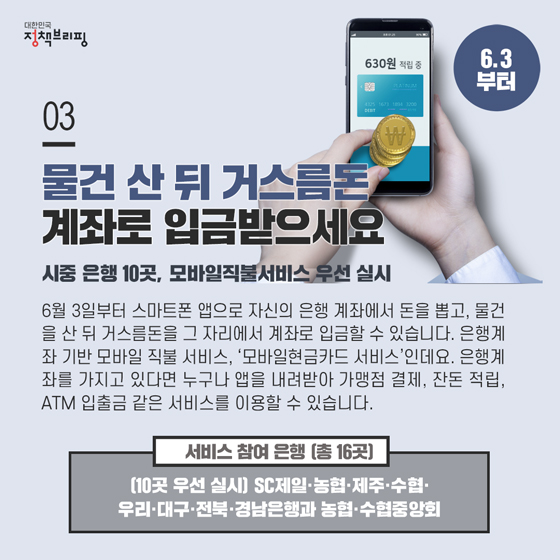 3. 물건 산 뒤 거스름돈, 계좌로 입금받으세요 (6/3부터)
6월 3일부터 스마트폰 앱으로 자신의 은행 계좌에서 돈을 뽑고, 물건을 산 뒤 거스름돈을 그 자리에서 계좌로 입금할 수 있어요.