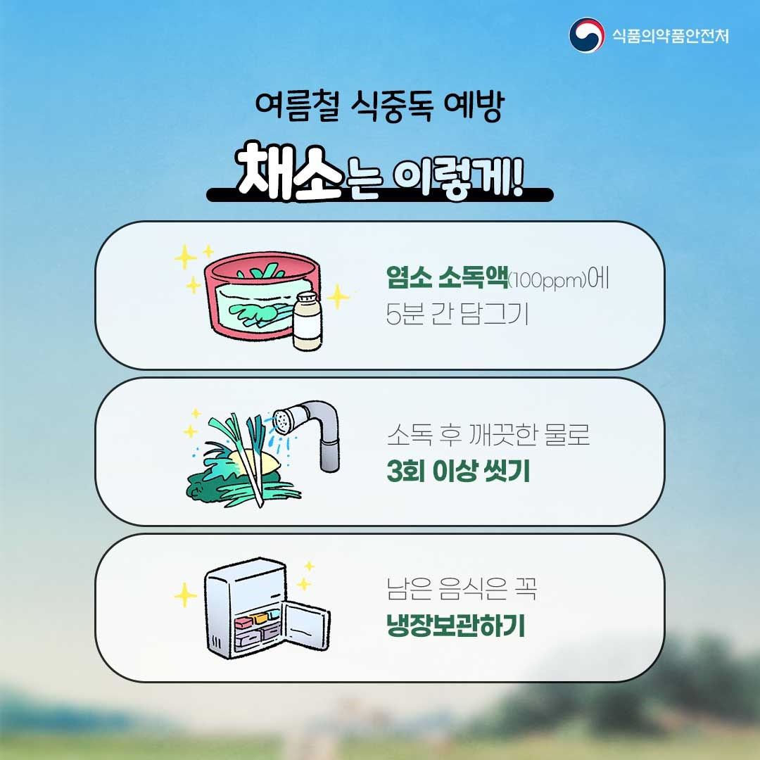 여름철 식중독 예방, 채소는 이렇게! 
- 염소 소독액 (100ppm)에 5분간 담그기
- 소독 후 깨끗한 물로 3회 이상 씻기
- 남은 음식은 꼭 냉장보관하기