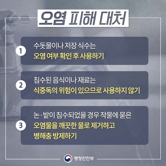 오염 피해 대처
① 수돗물이나 저장 식수는 오염 여부 확인 후 사용하기
② 침수된 음식이나 재료는 식중독의 위험이 있으므로 사용하지 않기