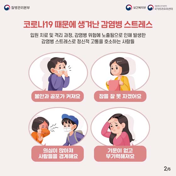 코로나19 때문에 생겨난 감염병 스트레스
입원 치료 및 격리과정, 감명병 위험에 노출됨으로 인해 발생한
감염병 스트레스로 정신적 교통을 호소하는 사람들