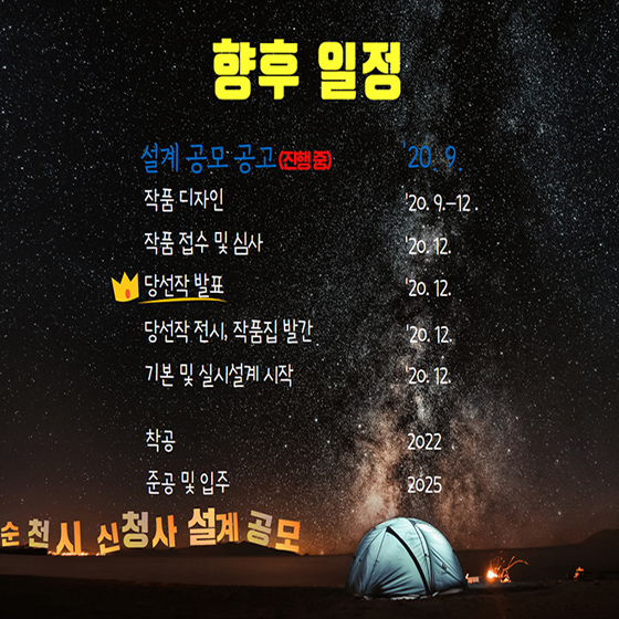 향후 일정
설계공모 공고 진행중 20.9.
작품 디자인 20. 9. ~ 12.
작품 접수 및 심사 20.12.
당선작 발표 20.12.