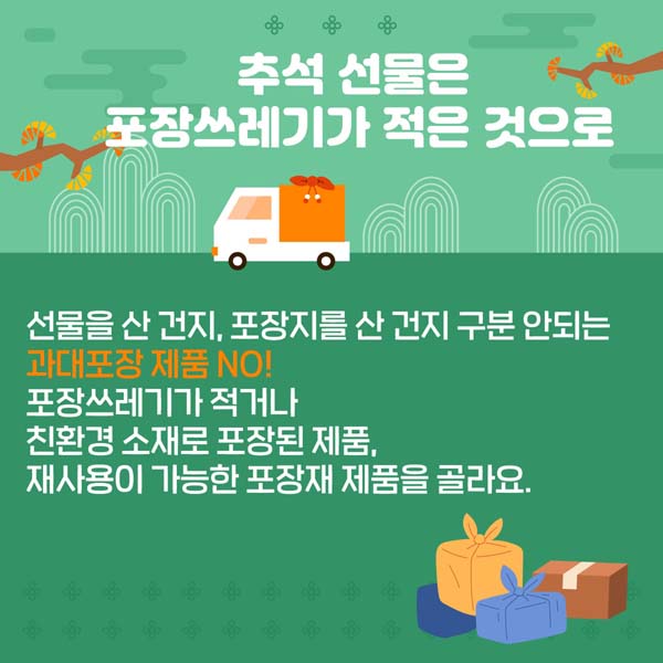 1.추석 선물은 포장쓰레기가 적은 것으로 = 선물을 산 건지, 포장지를 산 건지 구분 안되는 과대포장 제품 NO! 
포장쓰레기가 적거나 친환경 소재로 포장된 제품, 재사용이 가능한 포장재 제품을 골라요.