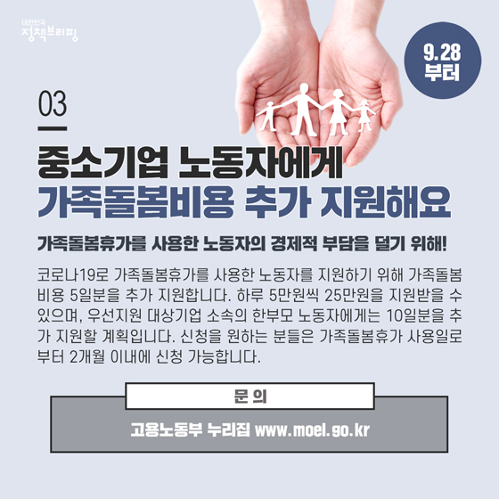 3. 중소기업 노동자에게 가족돌봄비용 추가 지원해드려요
 코로나19로 가족돌봄휴가를 사용한 노동자를 지원하기 위해 가족돌봄비용 5일분을 추가 지원합니다. 하루 5만원씩 25만원을 지원받을 수 있으며, 우선지원 대상기업 소속의 한부모 노동자에게는 10일분을 추가 지원할 계획입니다.