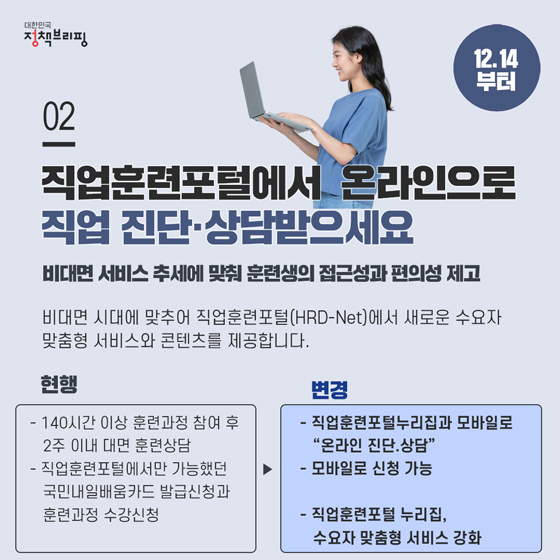 2. 직업훈련포털에서 온라인으로 직업 진단·상담받으세요 
 비대면 시대에 맞추어 직업훈련포털(HRD-Net)에서 새로운 수요자 맞춤형 서비스와 콘텐츠를 제공합니다.