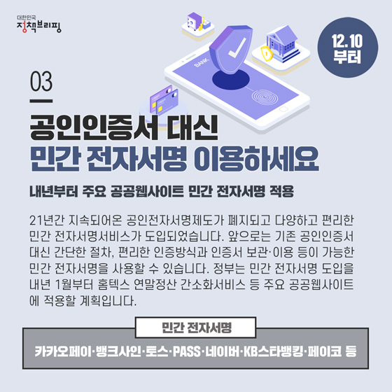 3. 공인인증서 대신 간편한 민간 전자서명 이용하세요
21년간 지속되어온 공인전자서명제도가 폐지되고 다양하고 편리한 민간 전자서명서비스가 도입되었습니다. 앞으로는 기존 공인인증서 대신 간단한 절차, 편리한 인증방식과 인증서 보관·이용 등이 가능한 민간 전자서명을 사용할 수 있습니다.