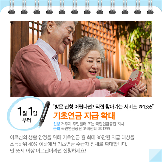 ◆ “방문 신청 어렵다면? 직접 찾아가는 서비스 ☎1355”…기초연금 지급 확대(1월 1일부터)
어르신의 생활 안정을 위해 기초연금 월 최대 30만원 지급 대상을 소득하위 40% 이하에서 기초연금 수급자 전체로 확대합니다. 만 65세 이상 어르신이라면 신청하세요!