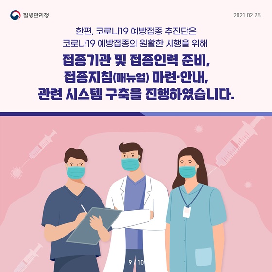 한편, 코로나19 예방접종 추진단은 코로나19 예방접종의 원활한 시행을 위해
접종기관 및 접종인력 준비, 
접종지침(메뉴얼) 마련.안내,
관련 시스템 구축을 진행하였습니다.