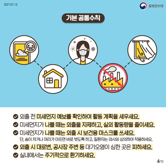 ▷기본 공통수칙
-외출 전 미세먼지 예보를 확인하여 활동 계획을 세우세요.
-미세먼지가 나쁠 때는 외출을 자제하고, 실외 활동량을 줄이세요.
-미세먼지가 나쁠 때는 외출 시 보건용 마스크를 쓰세요.
-외출 시 대로변, 공사장 주변 등 대기오염이 심한 곳은 피하세요.
-실내에서는 주기적으로 환기하세요.