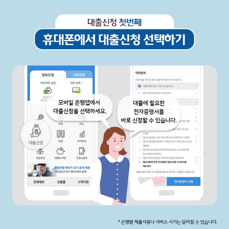 대출신청 첫번째. 휴대폰에서 대출신청 선택하기
- 모바일 은행앱에서 대출신청을 선택하세요.
- 대출에 필요한 전자증명서를 바로 신청할 수 있습니다.
* 은행별 제출 서류나 서비스 개시일은 달라질 수 있습니다.