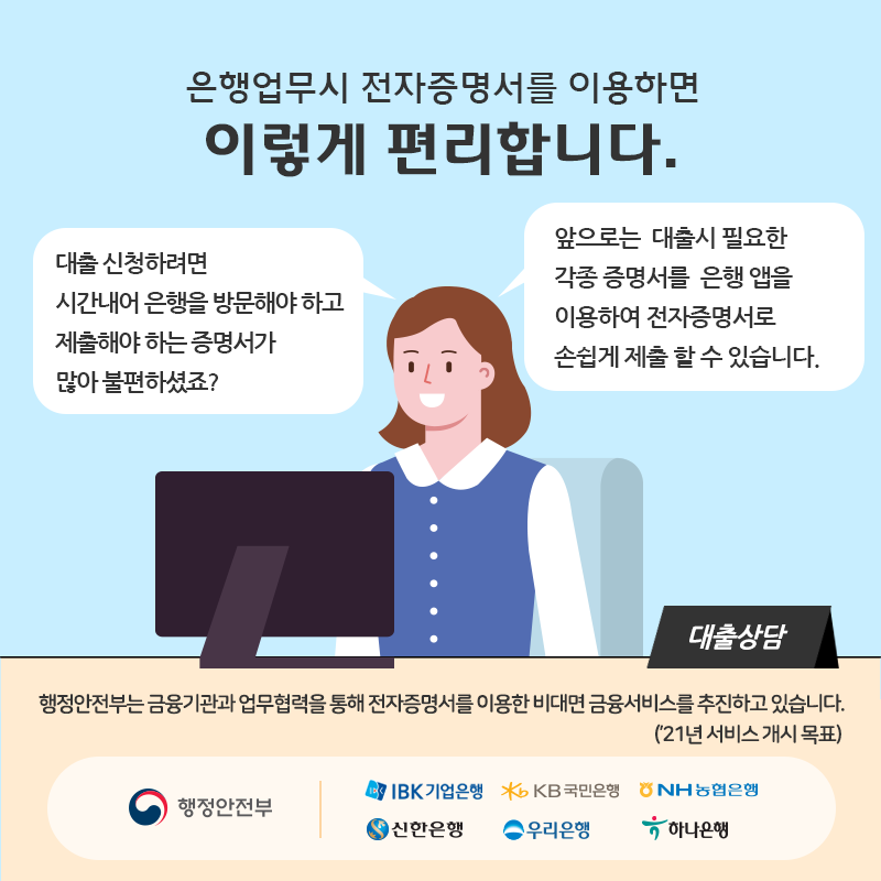 은행업무시 전자증명서를 이용하면 이렇게 편리합니다.
- 대출 신청하려면 시간내어 온행을 방문해야 하고 제출해야 하는 증명서가 많아 불편하셨죠?
- 앞으로는 대출시 필요한 각종 증명서를 은행 앱을 이용하여 전자증명서로 손쉽게 제출 할 수 있습니다.
* 행정안전부는 금융기관과 업무협력을 통해 전자증명서를 이용한 비대면 금융서비스를 추진하고 있습니다.