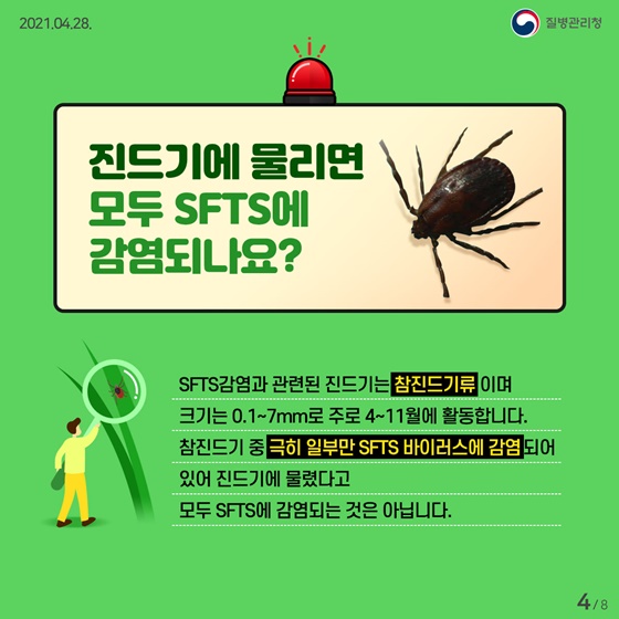 Q. 진드기에 물리면 모두 SFTS에 감염되나요?
SFTS감염과 관련된 진드기는 참진드기류이며 크기는 0.1~7mm로 주로 4~11월에 활동합니다.
참진드기 중 극히 일부만 SFTS 바이러스에 감염되어 있어 진드기에 물렸다고 모두 SFTS에 감염되는 것은 아닙니다.