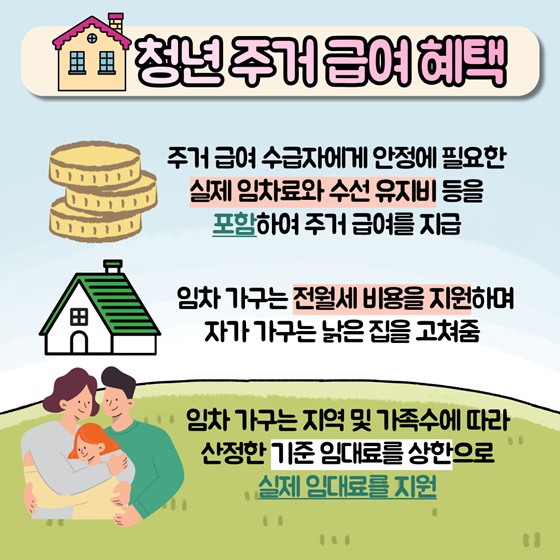 청년 주거급여 혜택
- 주거 급여 수급자에게 안정에 필요한 실제 임차료와 수선 유지비 등을 포함하여 주거급여를 지급
- 임차가구는 전월세 비용을 지원하며 자가 가구는 낡은 집을 고쳐줌
- 임차 가구는 지역 및 가족수에 따라 산정한 기준 임대료를 상한으로 실제 임대료를 지원