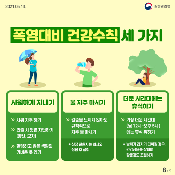 폭염대비 건강수칙 세가지
이원하게 지내기, 물자주 마시기, 더운 시간대에는 휴식하기