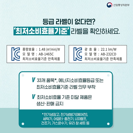 ▶등급 라벨이 없다면? ‘최저소비효율기준’ 라벨을 확인하세요.
- 33개 품목*, 에너지소비효율등급 또는 최저소비효율기준 라벨 의무 부착
- 최저소비효율 기준 미달 제품은 생산·판매금지