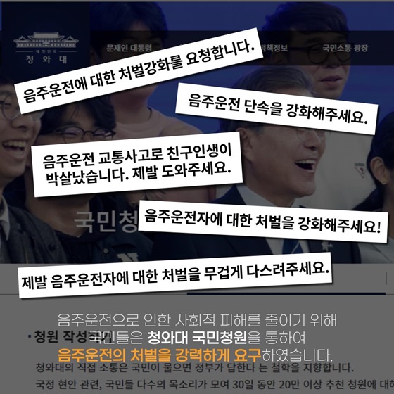 “음주운전에 대한 처벌강화를 요청합니다.”
“음주운전 단속을 강화해주세요.”

음주운전으로 인한 사회적 피해를 줄이기 위해 국민들은 청와대 국민청원을 통하여 음주운전의 처벌을 강력하게 요구하였습니다.