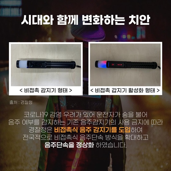 [시대와 함께 변화하는 치안]
코로나19 감염 우려가 있어 운전자가 숨을 불어 음주 여부를 감지하는 기존 음주 감지기의 사용 금지에 따라 경찰청은 비접촉식 음주 감지기를 도입하여, 전국적으로 비접촉식 음주단속 방식을 확대하고, 음주단속을 정상화 하였습니다.