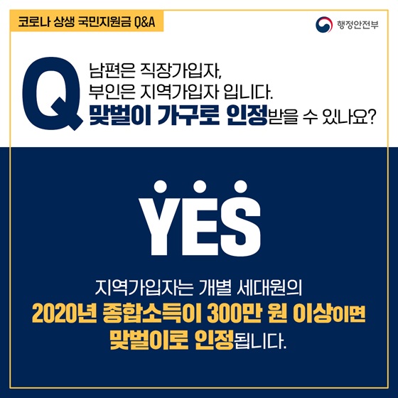 Q3. 남편은 직장가입자. 부인은 지역가입자 입니다. 맞벌이 가구로 인정받을 수 있나요?
- YES
지역가입자는 개별 세대원의 2020년 종합소득이 300만 원 이상이면 맞벌이로 인정됩니다.