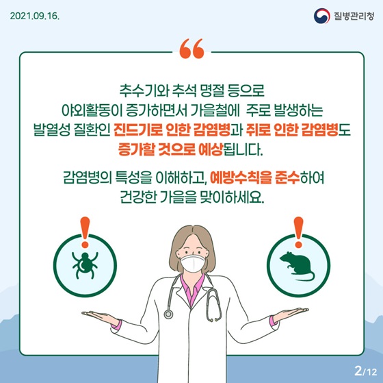 추수기와 추석 명철 등으로 야외활동이 증가하면서 가을철에 주로 발생하는 발열성 질환인 진드기로 인한 감염병과 쥐로 인한 감염병도 증가할 것으로 예상됩니다. 
감염병의 특성을 이해하고, 예방수칙을 준수하여 건강한 가을을 맞이하세요.