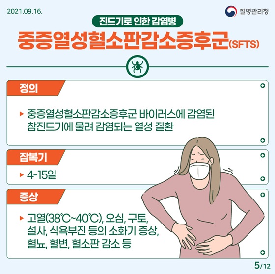 - 중증열성혈소판감소증후군(SFTS)
<정의> 중증열성혈소판감소증후군 바이러스에 감염된 참진드기에 물려 감염되는 열성 질환
<잠복기> 4-15일
<증상> 고열(38°C~40°C), 오심, 구토, 설사, 식욕부진 등의 소화기 증상, 혈뇨, 혈변, 혈소판 감소 등