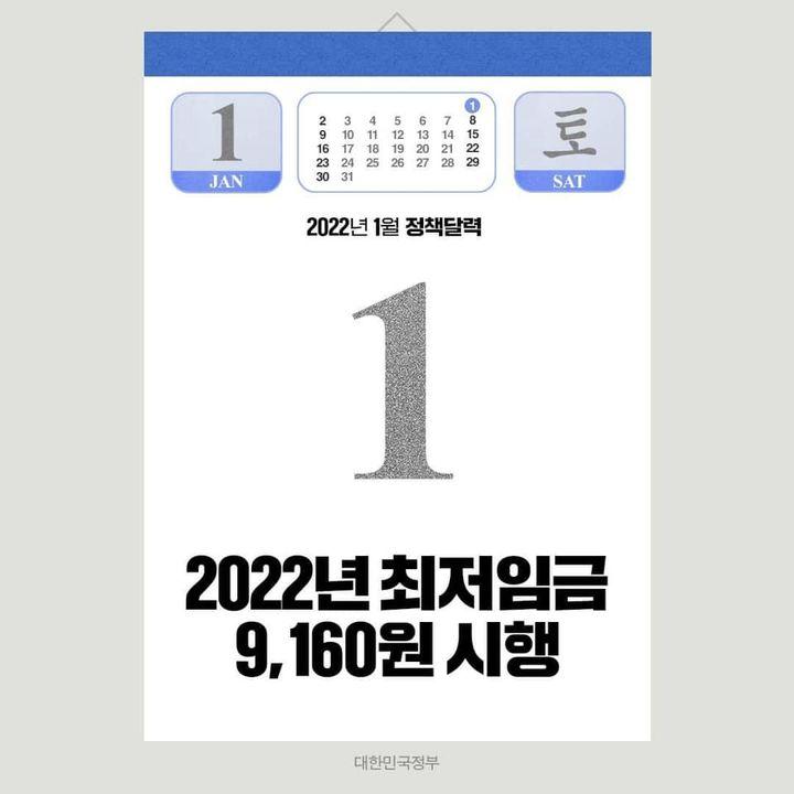 ◆ 2022년 최저임금 9,160원 시행
2022년도 최저임금을 기존 8,720원에서 440원 인상한 9,160원으로 인상합니다.
*인상률 5.05%