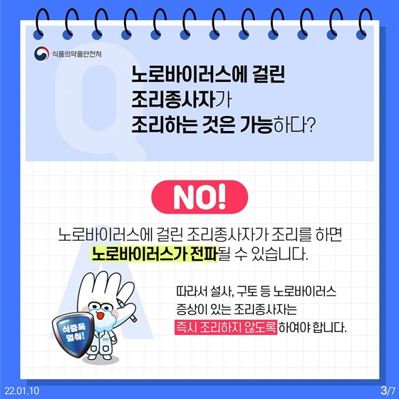 Q. 노로바이러스에 걸린 조리종사자가 조리하는 것은 가능하다?
A. 아닙니다.
노로바이러스에 걸린 조리종사자가 조리를 하면 노로바이러스가 전파될 수 있습니다.
따라서 설사, 구토 등 노로바이러스 증상이 있는 조리종사자는 즉시 조리하지 않도록 하여야 합니다.