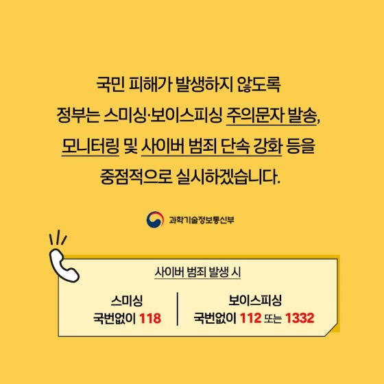 국민 피해가 발생하지 않도록 정부는 스미싱·보이스피싱 주의문자 발송, 모니터링 및 사이버 범죄 단속 강화 등을 중점적으로 실시하겠습니다.
[사이버 범죄 발생 시]
스미싱 국번없이 118 
보이스피싱 국번없이 112 또는 1332