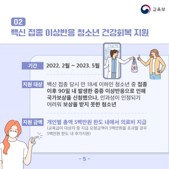 ◆ 백신 접종 이상반응 청소년 건강회복 지원
[기간]
2022. 2월 ~ 2023. 5월
[지원 대상]
백신 접종 당시 만 18세 이하인 청소년 중 접종 이후 90일 내 발생한 중증 이상반응으로 인해 국가보상을 신청했으나, 인과성이 인정되기 어려워 보상을 받지 못한 청소년