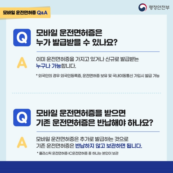 Q. 모바일 운전면허증은 누가 발급받을 수 있나요?
A. 이미 운전면허증을 가지고 있거나 신규로 발급받는 누구나 가능합니다.
Q. 모바일 운전면허증을 받으면 기존 운전면허증은 반납해야 하나요?
A. 모바일 운전면허증은 추가로 발급하는 것으로 기존 운전면허증은 반납하지 않고 보관하면 됩니다.