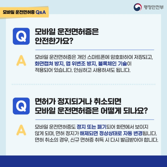 Q. 모바일 운전면허증은 안전한가요?
A. 모바일 운전면허증은 개인 스마트폰에 암호화하여 저장되고, 화면캡쳐 방지, 앱 위변조 방지, 블록체인 기술이 적용되어 있습니다Q. 면허가 정지되거나 취소되면 모바일 운전면허증은 어떻게 되나요?
A. 모바일 운전면허증도 정지 또는 폐기되어 화면에서 보이지 않게 되며, 면허 정지가 해제되면 정상상태로 자동 변경됩니다