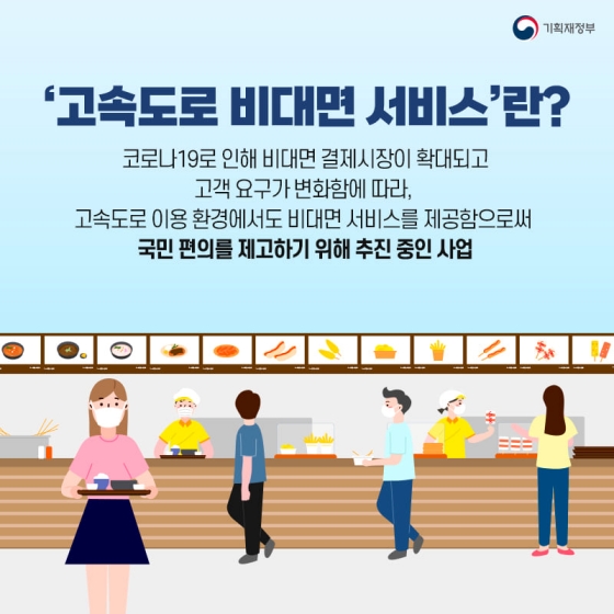 ◆ ‘고속도로 비대면 서비스’란?
코로나19로 인해 비대면 결제시장이 확대되고 고객 요구가 변화함에 따라, 고속도로 이용 환경에서도 비대면 서비스를 제공함으로써 국민 편의를 제고하기 위해 추진 중인 사업