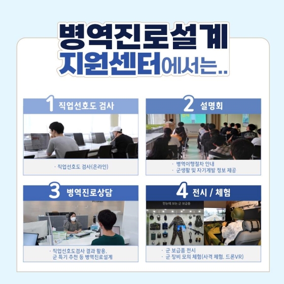 ◆ 병역진로설계 지원센터에서는?
1. 직업선호도 검사(온라인)
2. 설명회
3. 병역진로상담
4. 전시/체험