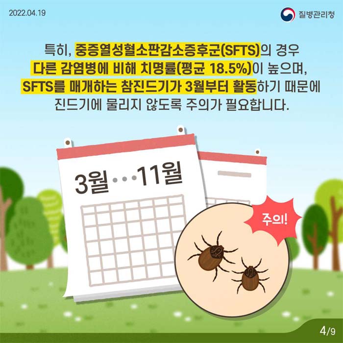 특히 중증열성혈소판감소증후군(SFTS)의 경우 다른 감염병에 비해 치명률(평균 18.5%)이 높으며, SFTS를 매개하는 참진드기가 3월부터 활동하기 때문에 진드기에 물리지 않도록 주의가 필요합니다.