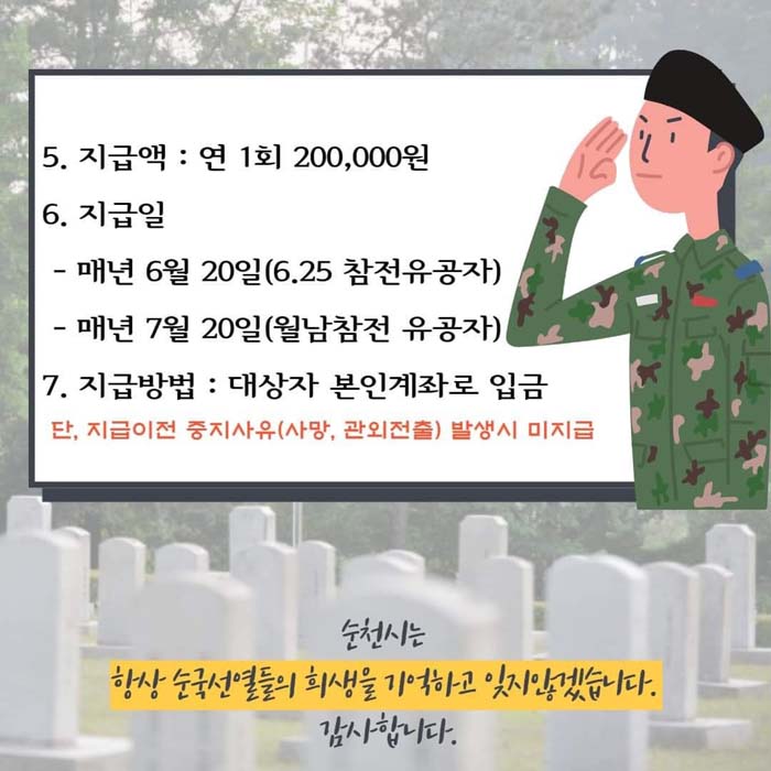 5. 지급액 : 연 1회 200,000원
6. 지급액
 - 매년 6월 20일(6.25 참전유공자)
 - 매년 7월 20일(월남참전 유공자)
7. 지급방법 : 대상자 본인계좌로 입금
단 지급이전 중지사유(사망, 관외전출) 발생시 미지급