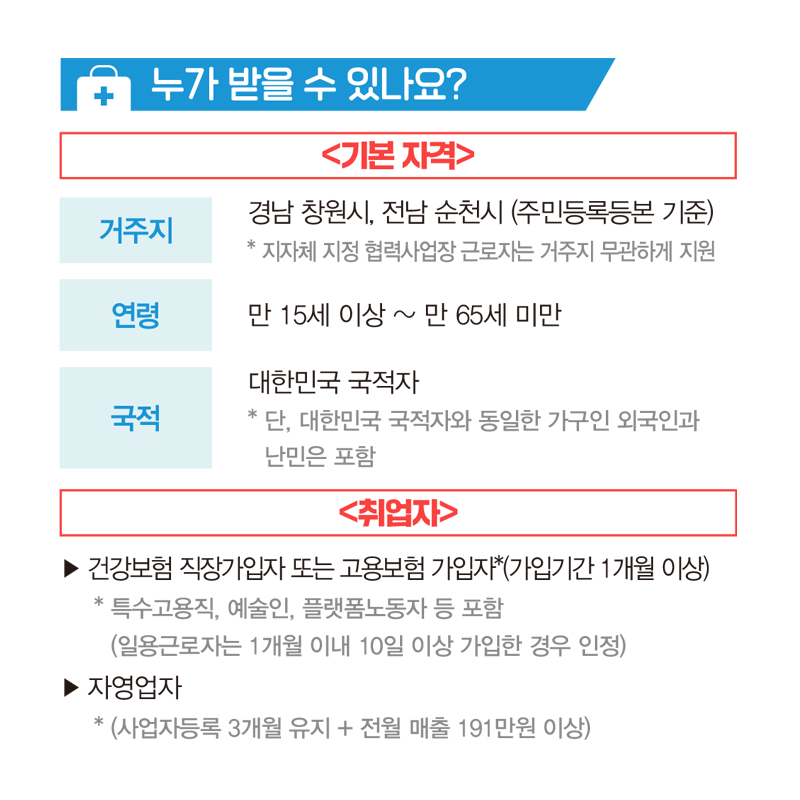 누가 받을수 있나요?
거주지 : 경남 창원시, 전남 순천시(주민등록등본 기준)
연령 : 만 15세 이상 ~ 만 65세 미만
국전 : 대한민국 국적자
취업자 : 건강보험 직장가입자 또는 고용보험 가입자, 자영업자