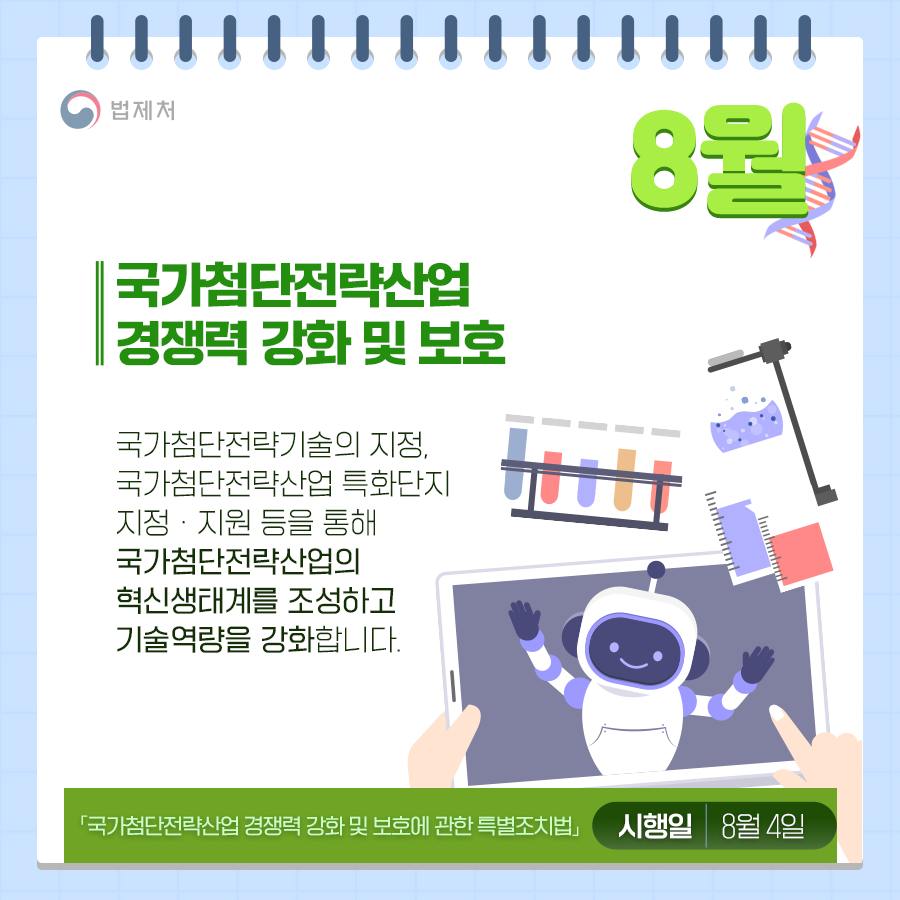 ◆ 「국가 첨단 전략산업 경쟁력 강화 및 보호에 관한 특별 조치법」 : 국가 첨단 전략산업 경쟁력 강화 및 보호 (8월 4일)
국가 첨단 전략기술의 지정, 국가 첨단 전략산업 특화 단지 지정·지원 등을 통해 국가 첨단 전략산업의 혁신 생태계를 조성하고 기술역량을 강화합니다.