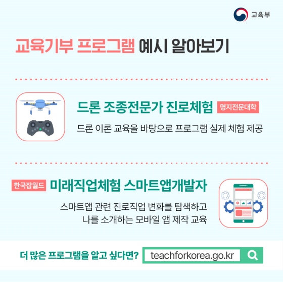 ◆ 교육기부 프로그램 예시 알아보기
ㆍ 드론 조종 전문가 진로 체험 (명지전문대학)
드론 이론 교육을 바탕으로 프로그램 실제 체험 제공
ㆍ 미래 직업 체험 스마트 앱 개발자 (한국 잡월드)
스마트 앱 관련 진로직업 변화를 탐색하고, 나를 소개하는 모바일 앱 제작 교육