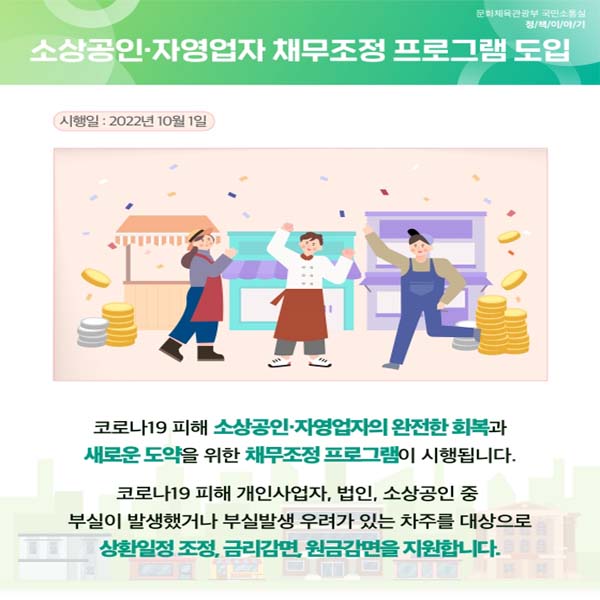 ◆ 소상공인·자영업자 채무조정 프로그램 도입 (10월 1일부터 시행)
코로나19 피해 소상공인·자영업자의 완전한 회복과 새로운 도약을 위한 채무조정 프로그램이 시행됩니다.