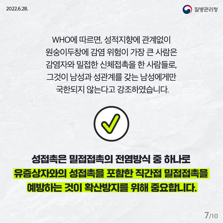 Who에 따르면, 성적지향에 관계 없이 원숭이 두창에 감염 위험이 가장 큰 사람은 감염자와 밀접한 신체접촉을 한 사람들로 그것이 남성과 성관계를 갖는 남성에게만 국한되지 않는다고 강조하였습니다.