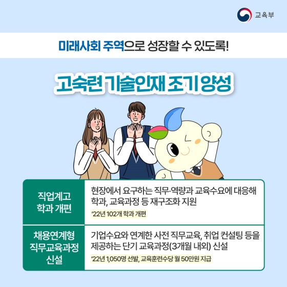 4. 고숙련기술 인재 조기 양성
· 직업계고 학과 개편
· 채용연계형 직무교육과정 신설