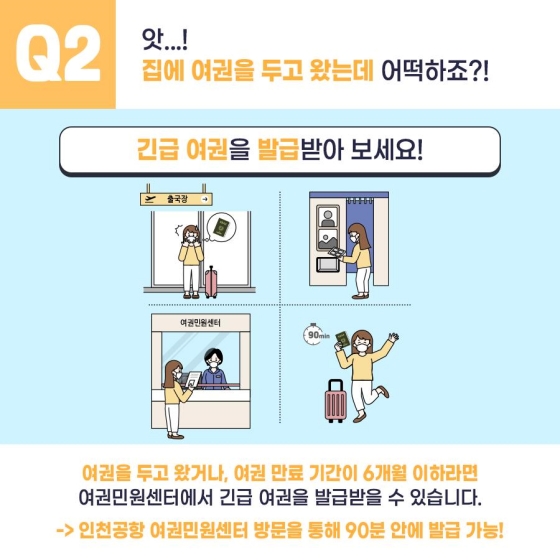 Q2. 앗...! 집에 여권을 두고 왔는데 어떡하죠?
긴급 여권을 발급받아 보세요!
여권을 두고 왔거나, 여권 만료 기간이 6개월 이하라면 여권민원센터에서 긴급 여권을 발급받을 수 있습니다.
→ 인천공항 여권민원센터 방문을 통해 90분 안에 발급 가능!