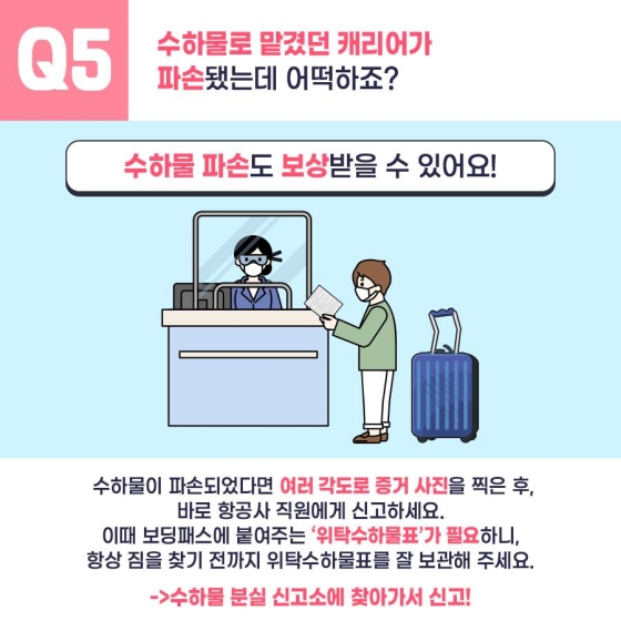 Q5. 수하물로 맡겼던 캐리어가 파손됐는데 어떡하죠?
수하물 파손도 보상받을 수 있어요!
수하물이 파손되었다면 여러 각도로 증거 사진을 찍은 후, 바로 항공사 직원에게 신고하세요.
이때 보딩패스에 붙여주는 ‘위탁수하물표’가 필요하니, 항상 짐을 찾기 전까지 위탁수하물표를 잘 보관해 주세요.
→ 수하물 분실 신고소에 찾아가서 신고!