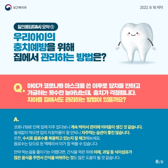 Q3. 아이가 코로나19 마스크를 쓴 이후로 양치를 안 하고 가글하는 횟수만 늘어났는데, 충치가 걱정됩니다. 치아를 집에서도 관리하는 방법이 있을까요?
A. 코로나19로 인해 집에 자주 있다 보니 계속 먹어서 관리에 어려움이 생긴 것 같습니다. 쉴 새 없이 먹으면 입의 자정작용이 잘 안되니 자주 먹는 습관이 좋진 않습니다.